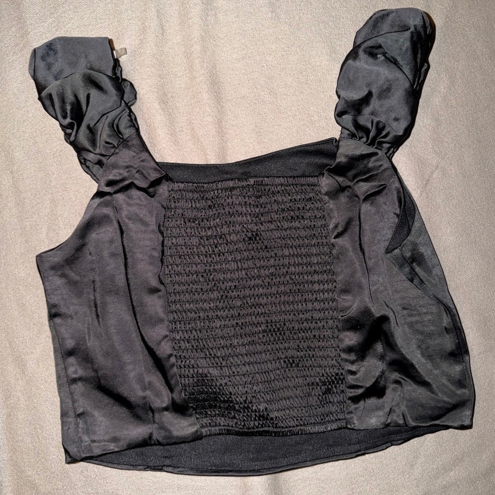 Wild Fable‎ Black Satin Ruched Strap Smocked Back Crop Top Square Neck M, NWT - Picture 3 of 7